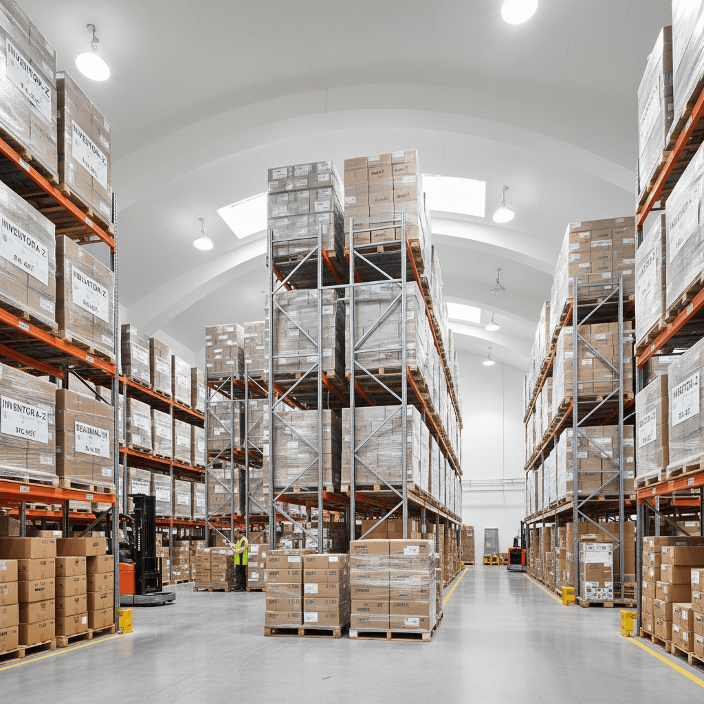 Organized warehouse with inventory storage and packed orders